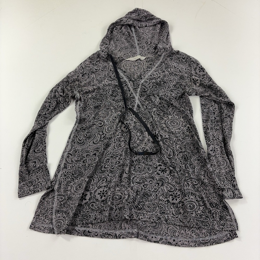 Athleta Cozy Karma Asym Hoodie Women's Large Gray Black Floral Paisley Zip